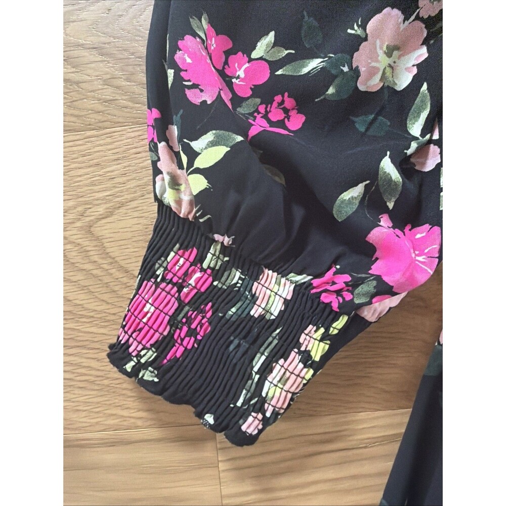 NWT Torrid Black Pink Floral Smock Midi Dress 2 Milkmaid Peasant Puff 3/4 Sleeve - Picture 5 of 16